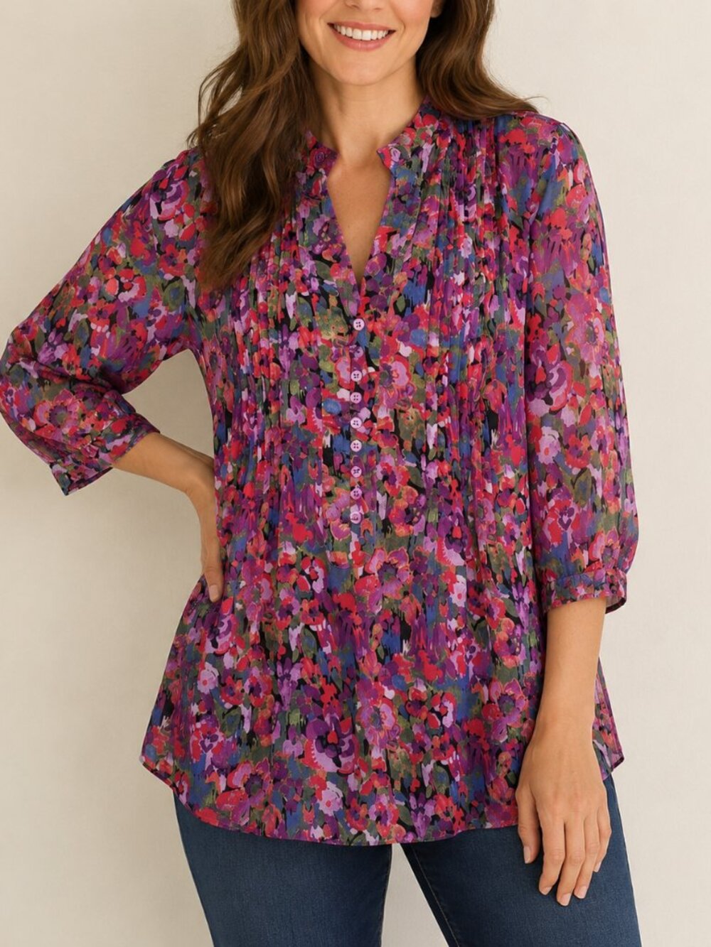 Coldwater Creek Floral Blouse M 10/12 Sheer 3/4 Sleeve Boho Top